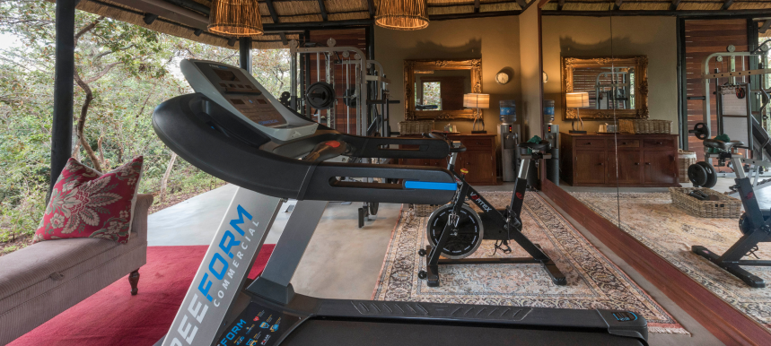 High-end gym nestled amidst nature, ensuring refreshing workout at Camp Ndlovu.